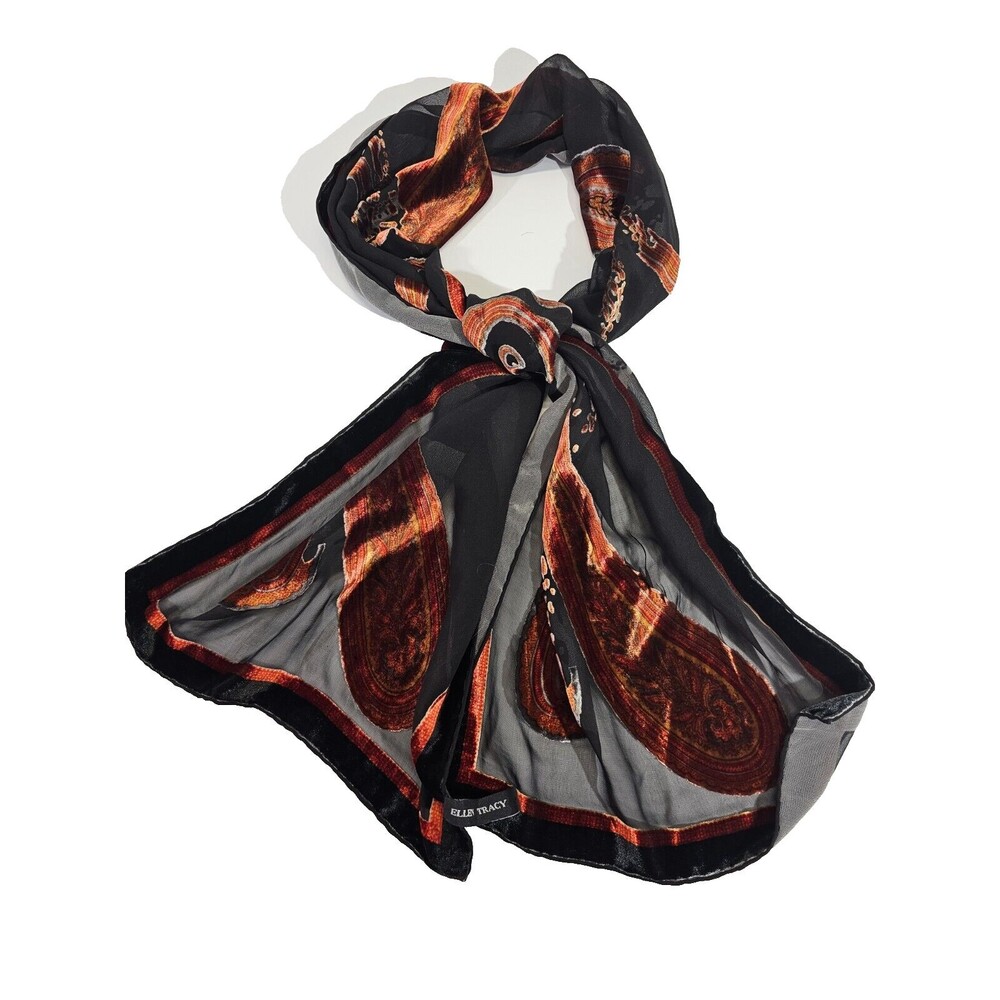 Ellen Tracy Silk Velvet Scarf Wrap Shawl Black Brown Rectangle‎ 13x61 Designer
